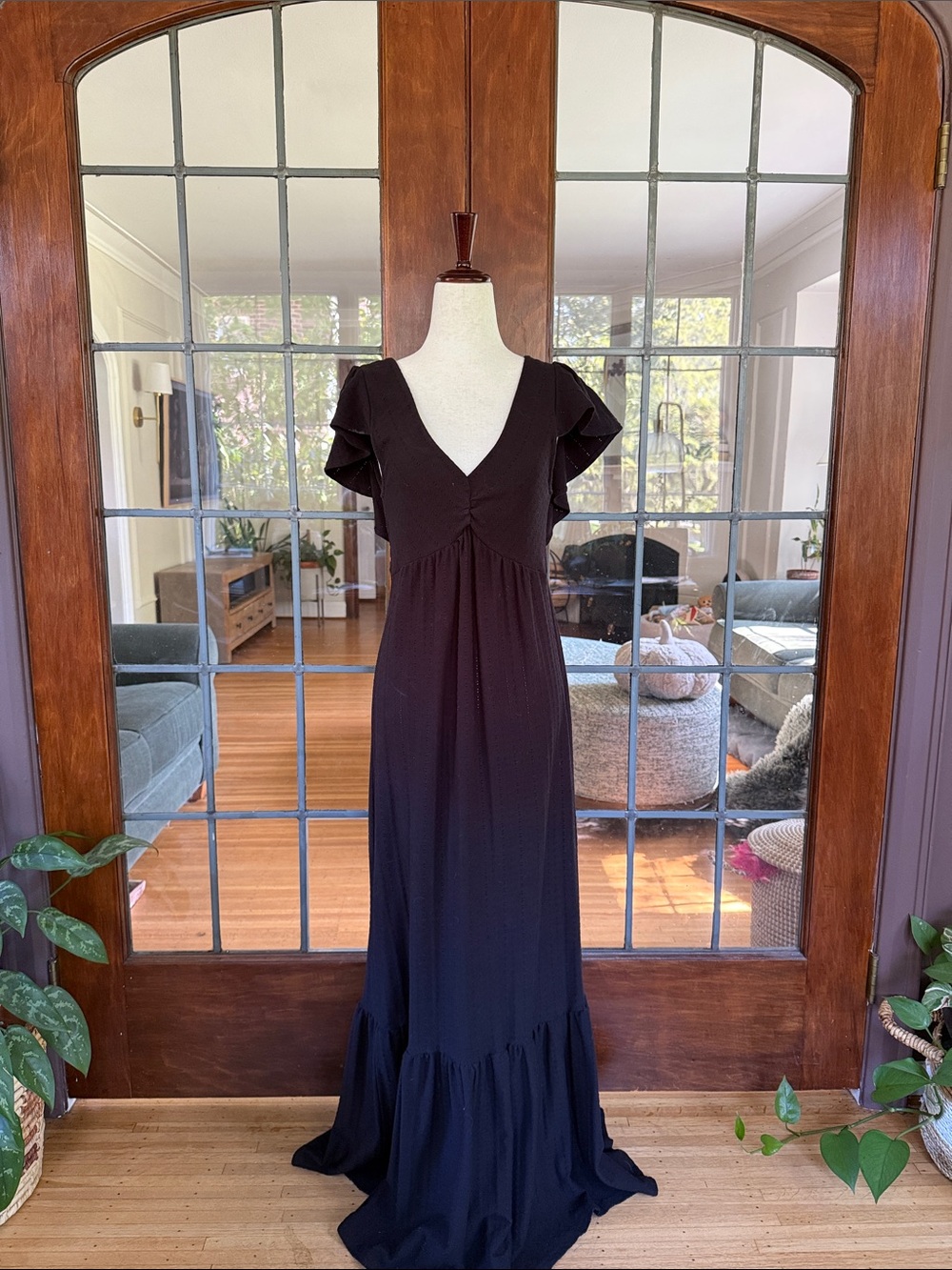 Betsey Johnson Black V-Neck Flutter Sleeve Maxi with Tiered Hem